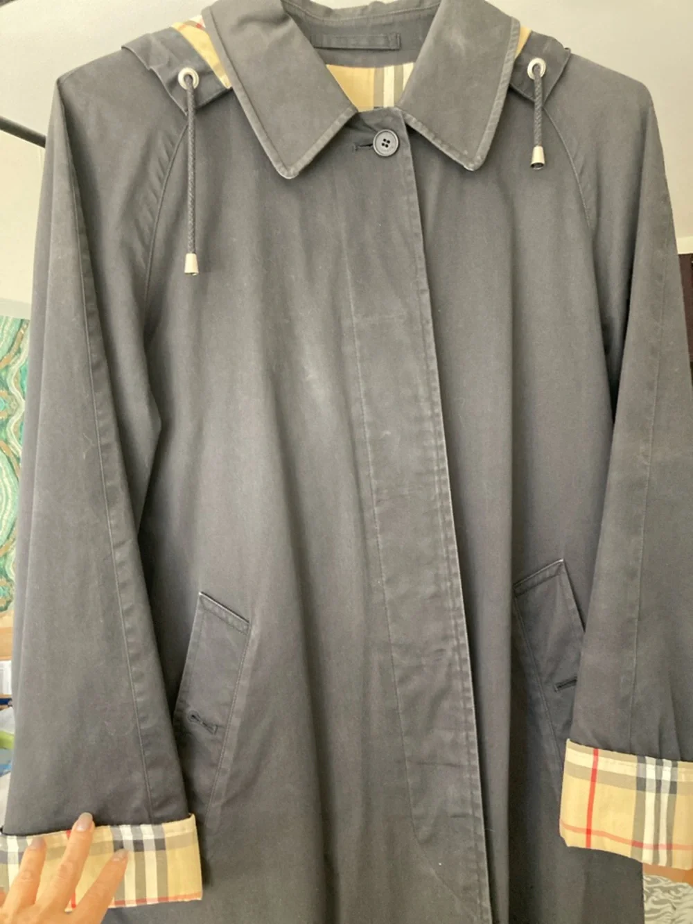 Dark Navy Burberry Trench Coat with Plaid Trim - Picture 1 of 8